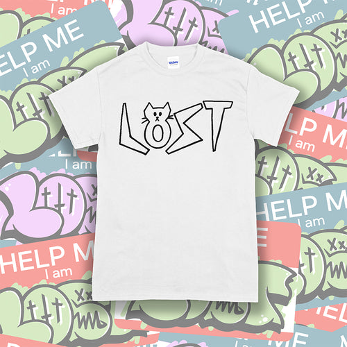 Charlottes Black Cat Letters. Hand drawn design of cat shaped letters. Drawn by my daughter Charlotte, and printed with black ink on a white cotton shirt. Lots of cool stickers in the background. 