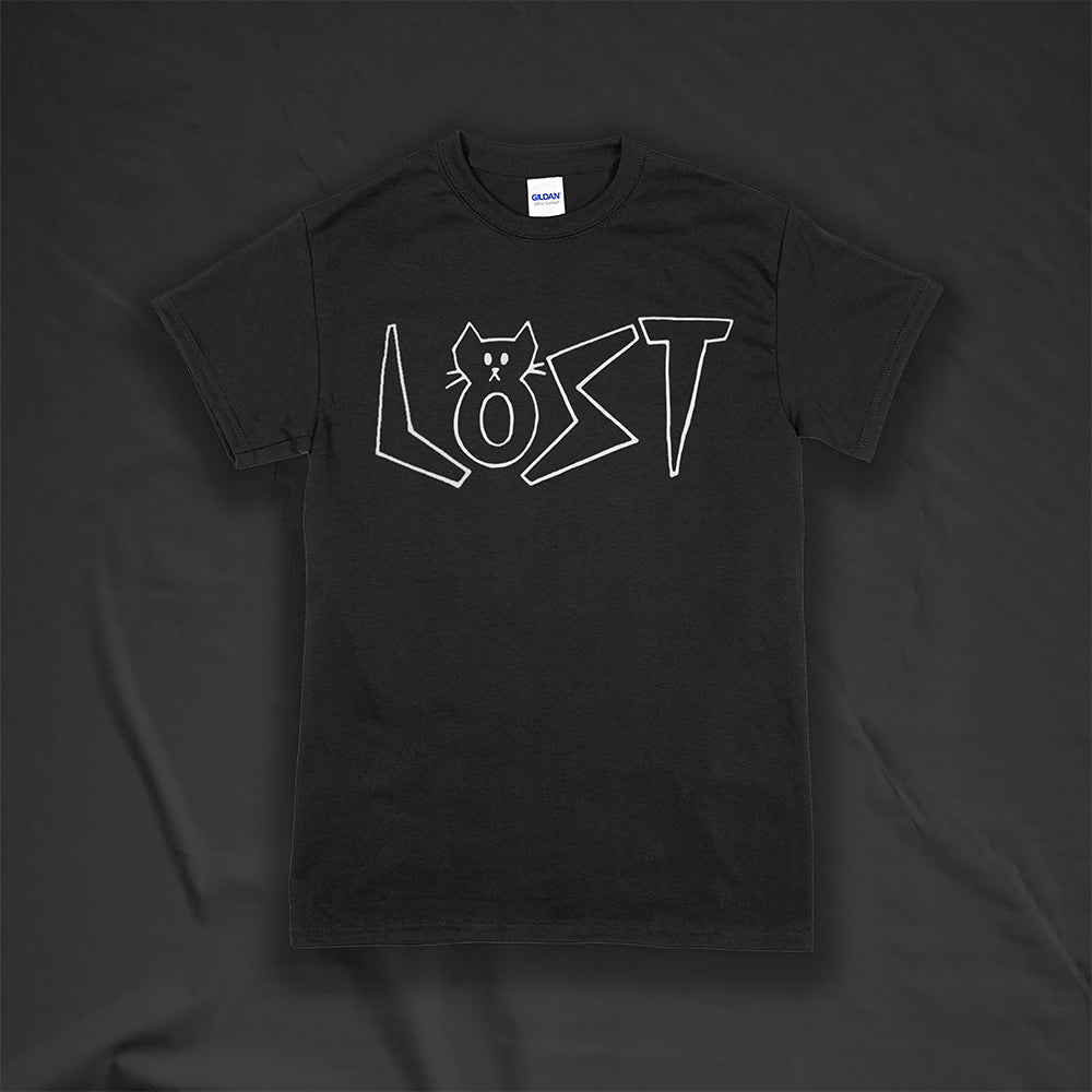 Charlottes White Cat Letters. Hand drawn design of cat shaped letters. Drawn by my daughter Charlotte, and printed with white ink on a black cotton shirt.