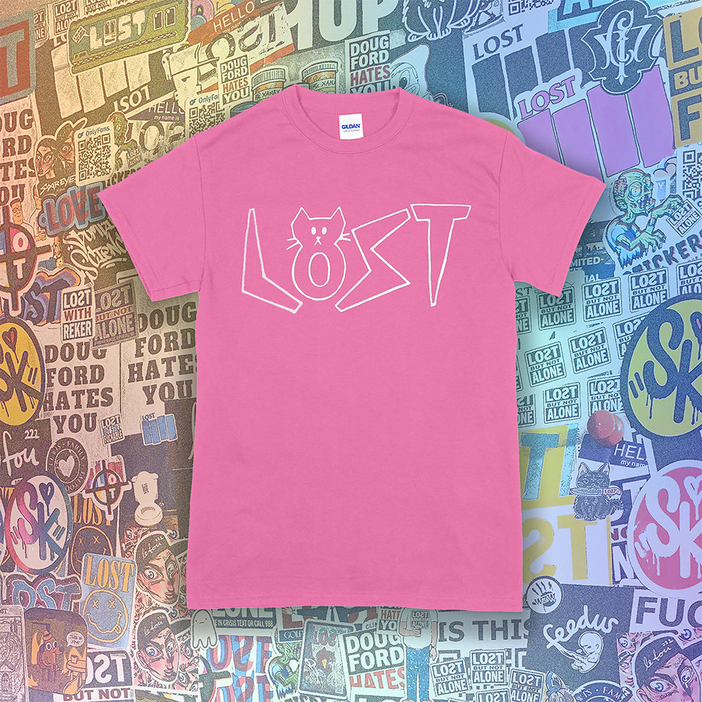 Charlottes White Cat Letters. Hand drawn design of cat shaped letters. Drawn by my daughter Charlotte, and printed with white ink on an azalea pink shirt. Graffiti stickers in the background. 