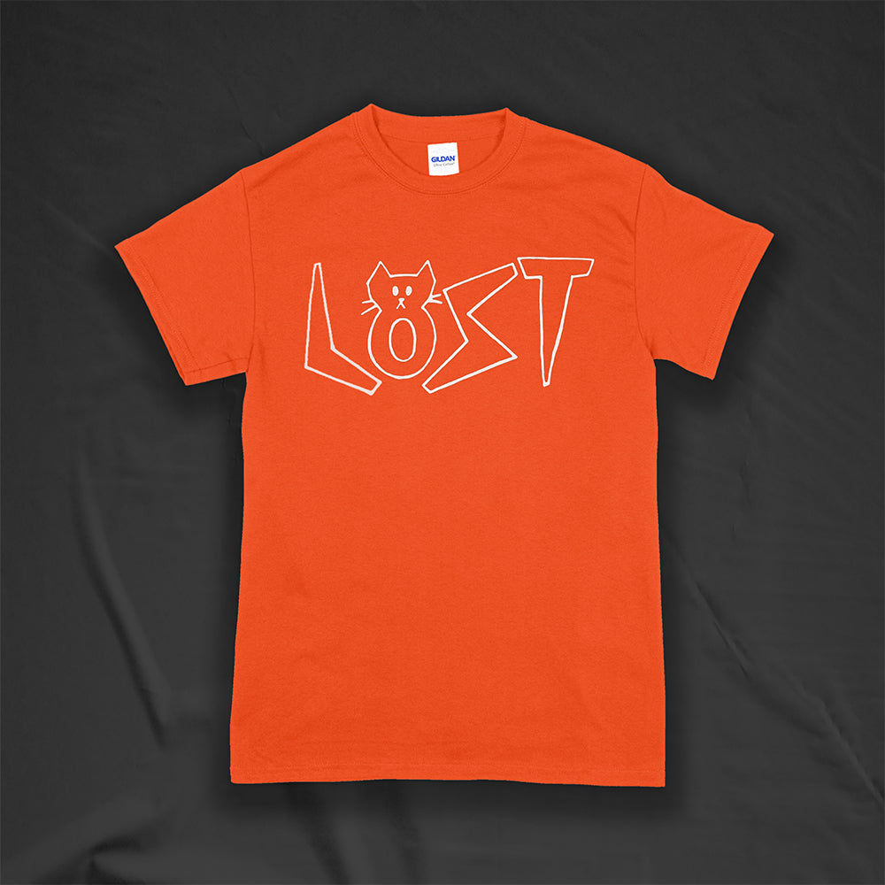 Charlottes White Cat Letters. Hand drawn design of cat shaped letters. Drawn by my daughter Charlotte, and printed with white ink on an orange shirt.