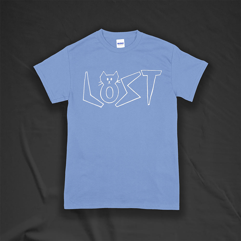 Charlottes White Cat Letters. Hand drawn design of cat shaped letters. Drawn by my daughter Charlotte, and printed with white ink on a Carolina blue shirt.