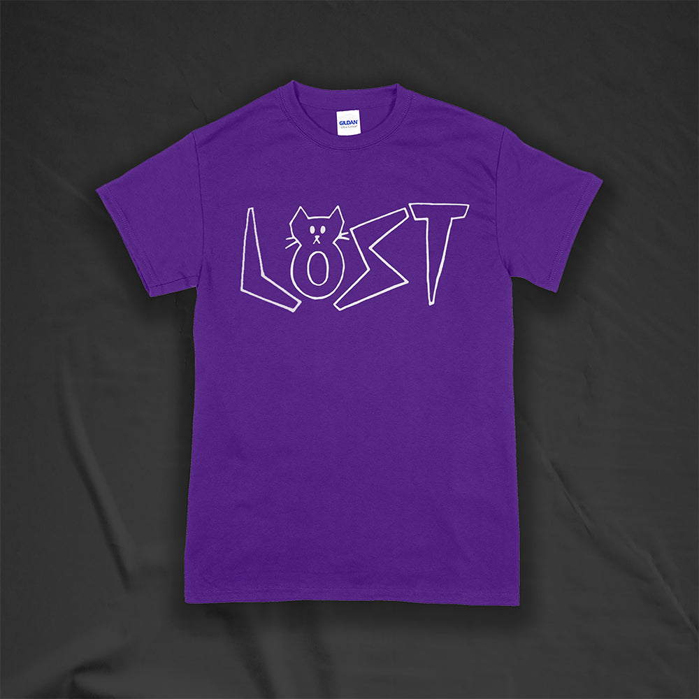 Charlottes White Cat Letters. Hand drawn design of cat shaped letters. Drawn by my daughter Charlotte, and printed with white ink on a purple cotton shirt.