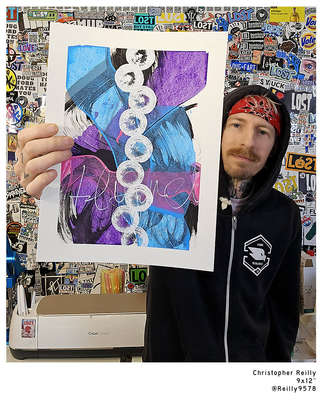 A bright, multicolored abstract painting by Canadian artist Christopher Reilly.