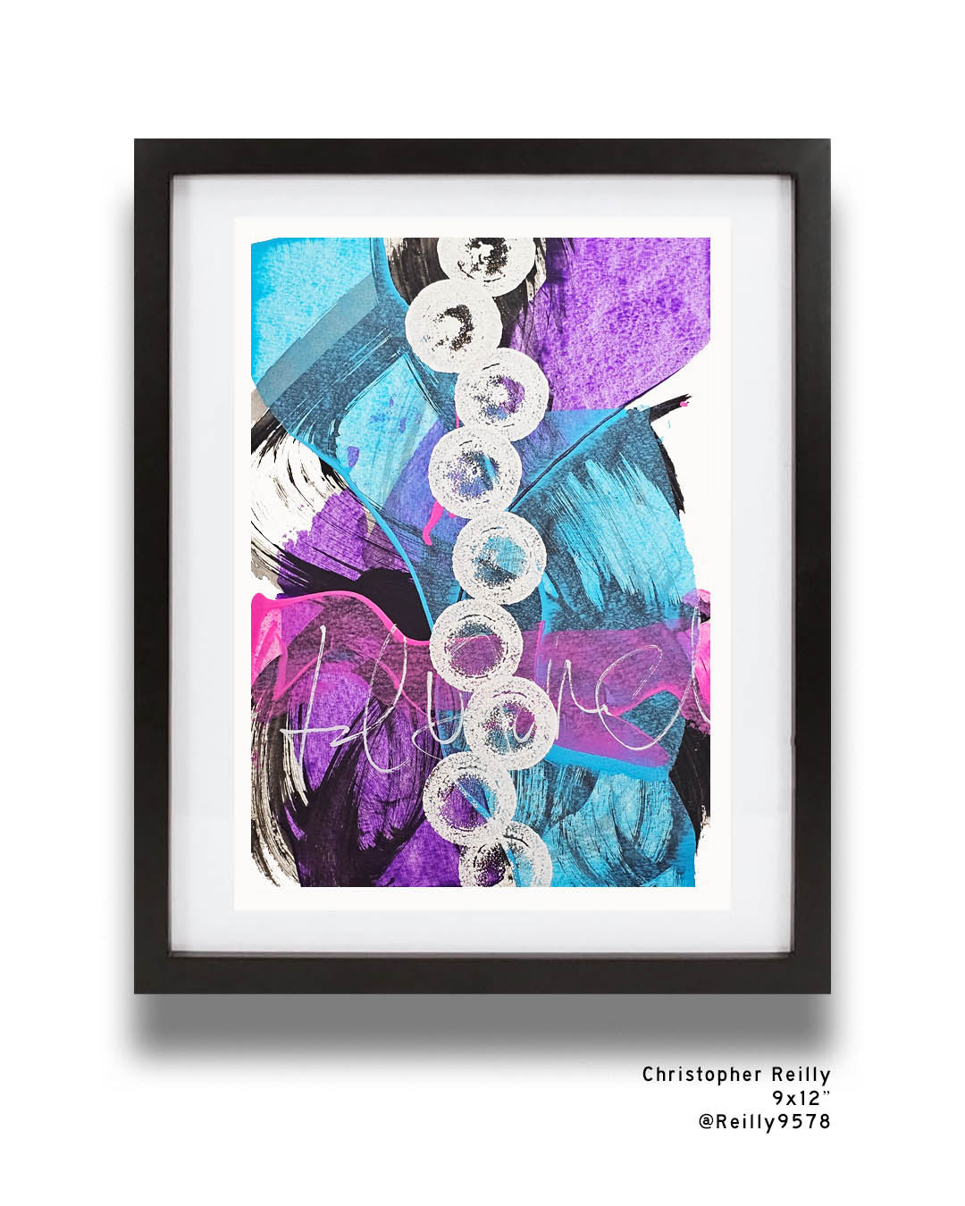 A bright, multicolored abstract painting by Canadian artist Christopher Reilly.