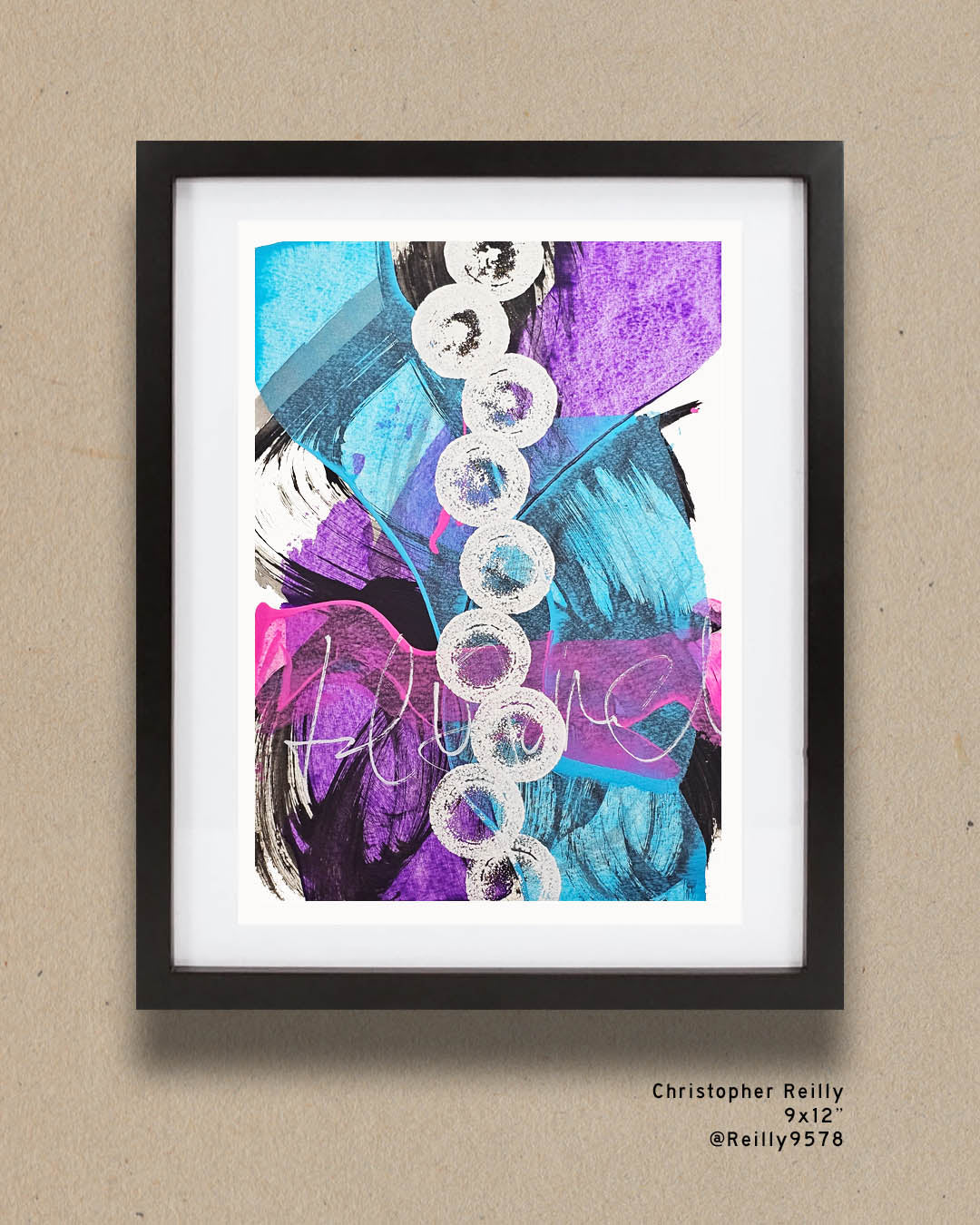 A bright, multicolored abstract painting by Canadian artist Christopher Reilly.