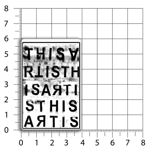 Is This Art sticker by LOST. Black and white design featuring the repeating letters asking the question - is this art? A size chart shows that is rectangular sticker is 4 by 6 inches big and has rounded corners.