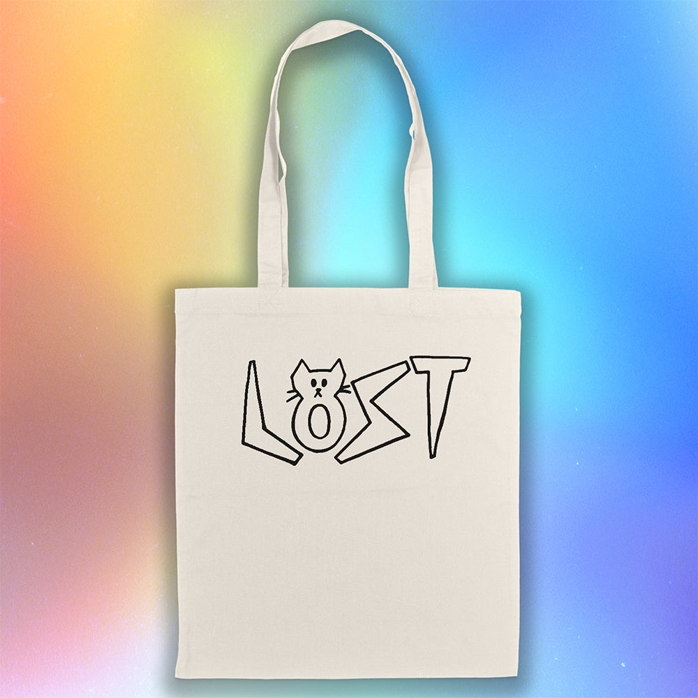 Cat shaped spell out the word LOST across a large tote bag. Hand drawn my my daughter Charlotte and printed in black on natural canvas tote bags.
