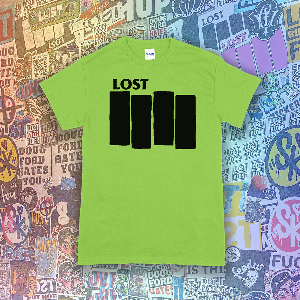 The Lost Flag t-shirt. A bold and iconic Black logo screen printed on a lime green shirt. The background is a collection of colorful graffiti stickers from artists around the world.