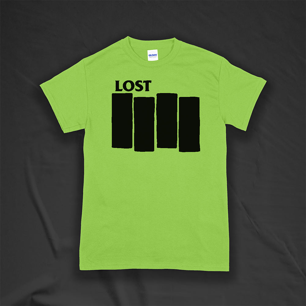 The Lost Flag t-shirt by Lost Streetwear. A bold and iconic Black logo screen printed on a bright green shirt. 