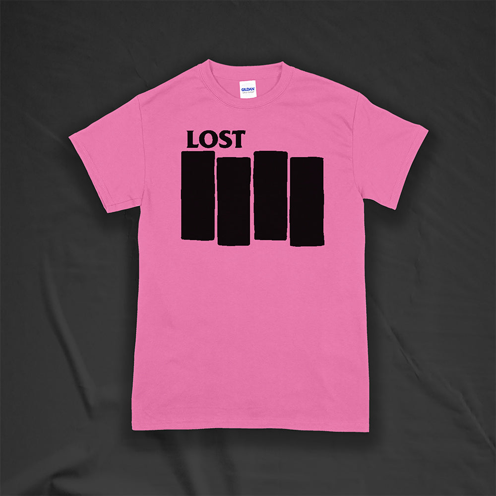 The Lost Flag t-shirt by lost streetwear. A bold and iconic Black logo screen printed on a bright pink shirt.