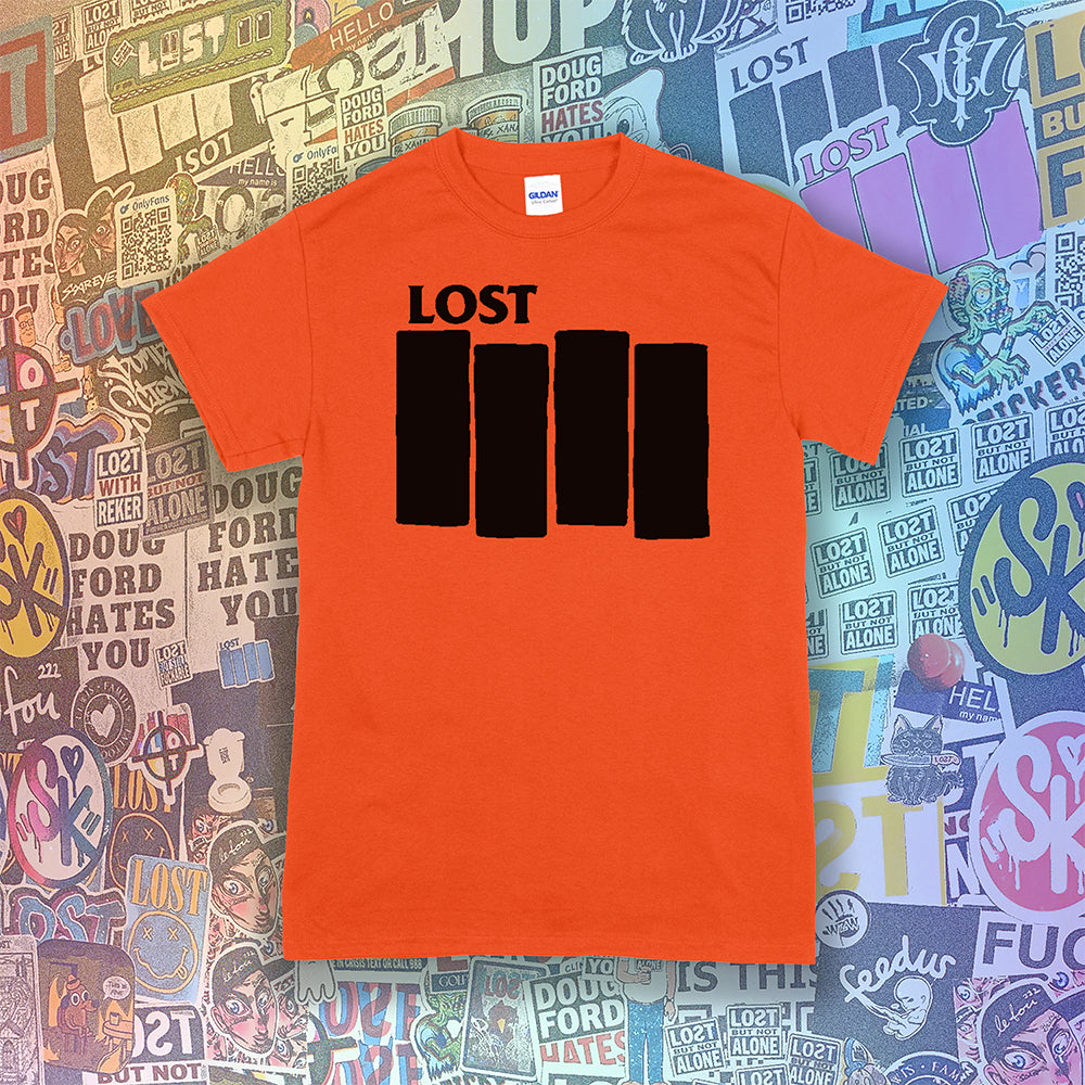 The Lost Flag t-shirt by lost streetwear. A bold and iconic Black logo screen printed on a bright orange shirt. The background is a collection of colorful graffiti stickers from artists around the world.