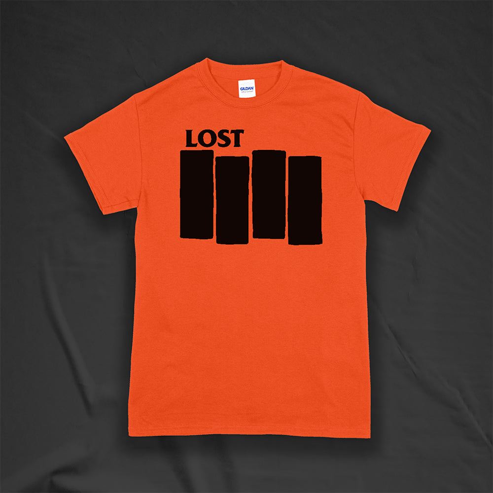 The Lost Flag t-shirt by lost streetwear. A bold and iconic Black logo screen printed on an orange shirt. The background is a collection of colorful graffiti stickers from artists around the world.
