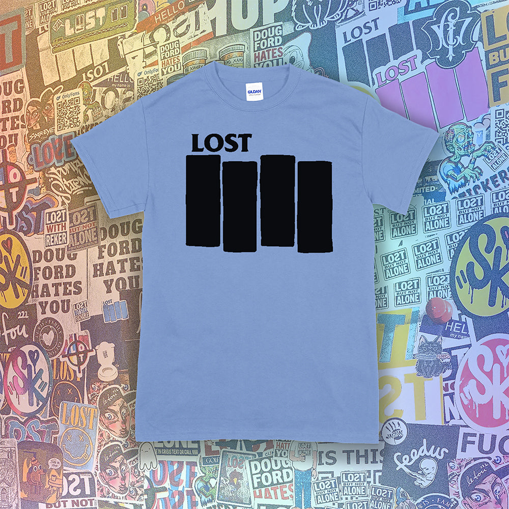 The Lost Flag t-shirt by lost streetwear. A bold and iconic Black logo screen printed on a bright blue shirt. The background is a collection of colorful graffiti stickers from artists around the world.