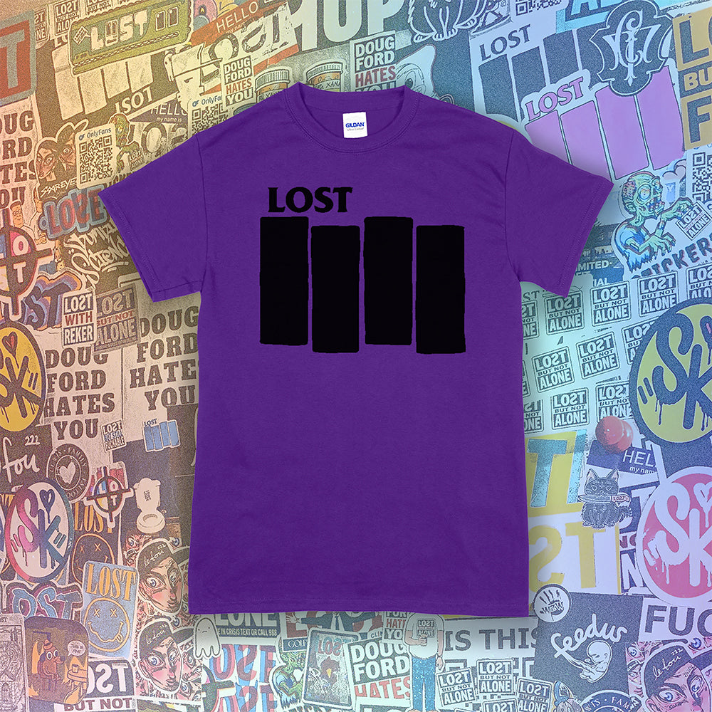 The Lost Flag t-shirt by lost streetwear. A bold and iconic Black logo screen printed on a purple shirt. The background is a collection of colorful graffiti stickers from artists around the world.