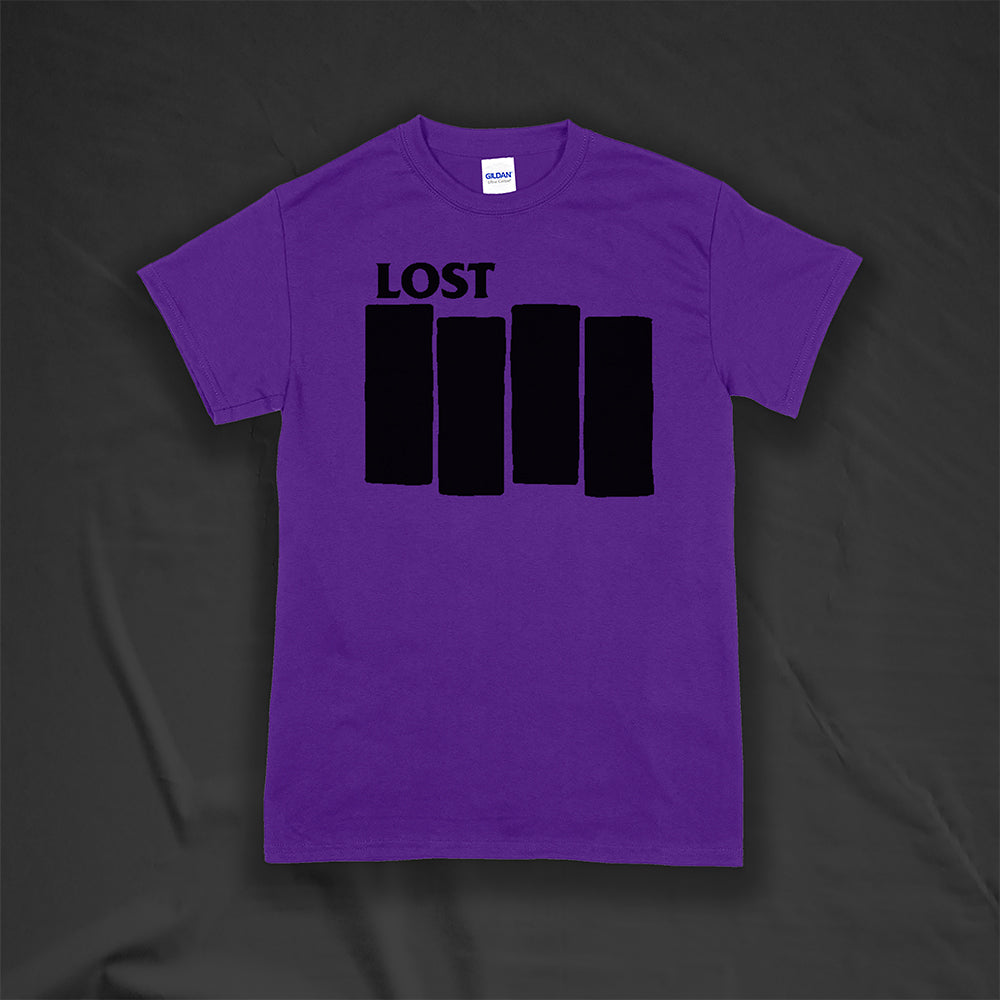 The Lost Flag t-shirt by lost streetwear. A bold and iconic Black logo screen printed on a purple shirt.