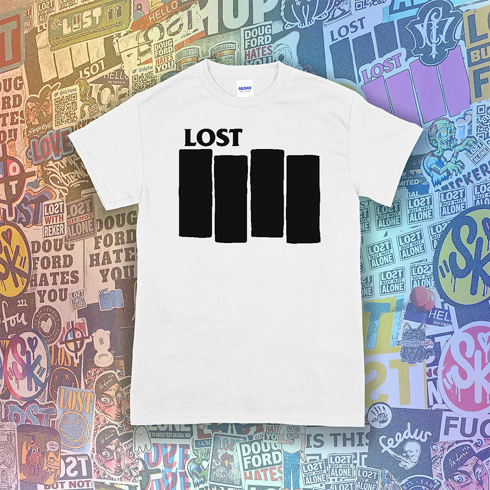 The Lost Flag t-shirt by lost streetwear. A bold and iconic Black logo screen printed on a crisp white shirt. The background is a collection of colorful graffiti stickers from artists around the world.