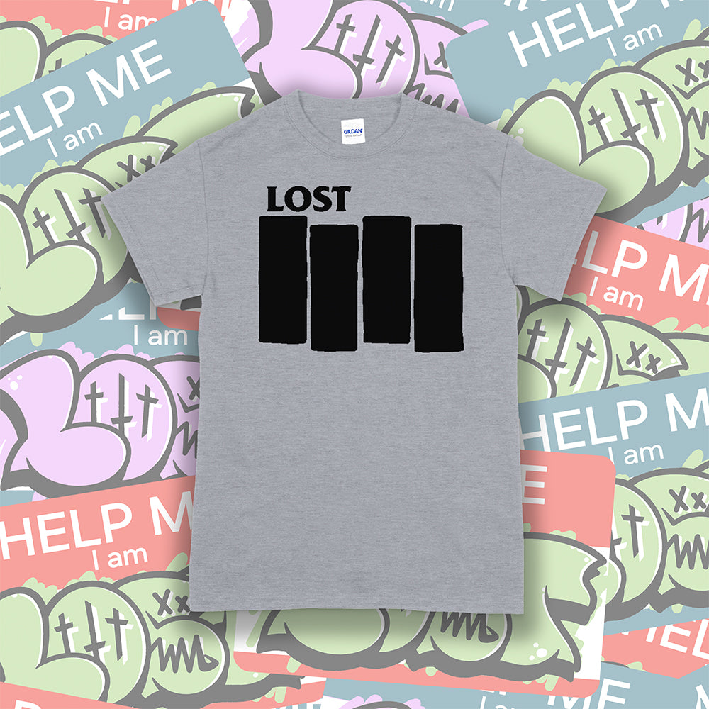 The Lost Flag t-shirt by lost streetwear. A bold and iconic Black logo screen printed on a grey shirt. The background is a collection of colorful graffiti stickers.