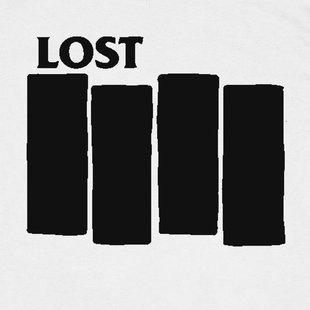 Close up view of The Lost Flag t-shirt graphics by lost streetwear. A bold and iconic Black logo screen printed on a crisp white shirt.