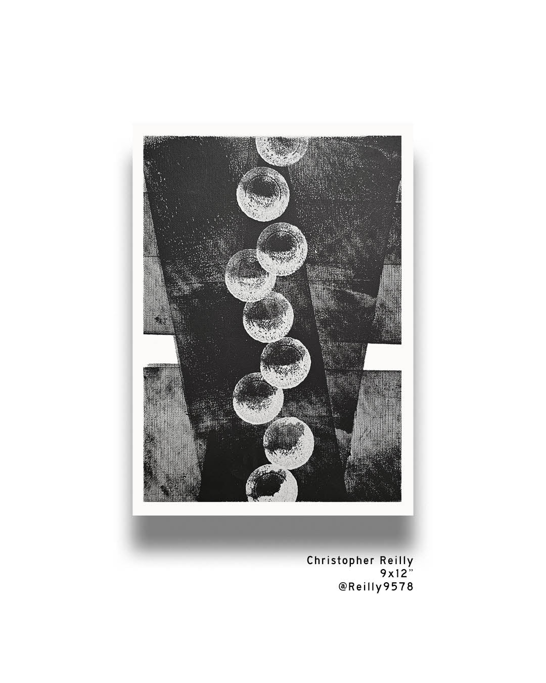 A monochromatic black and white abstract painting by Canadian artist Christopher Reilly