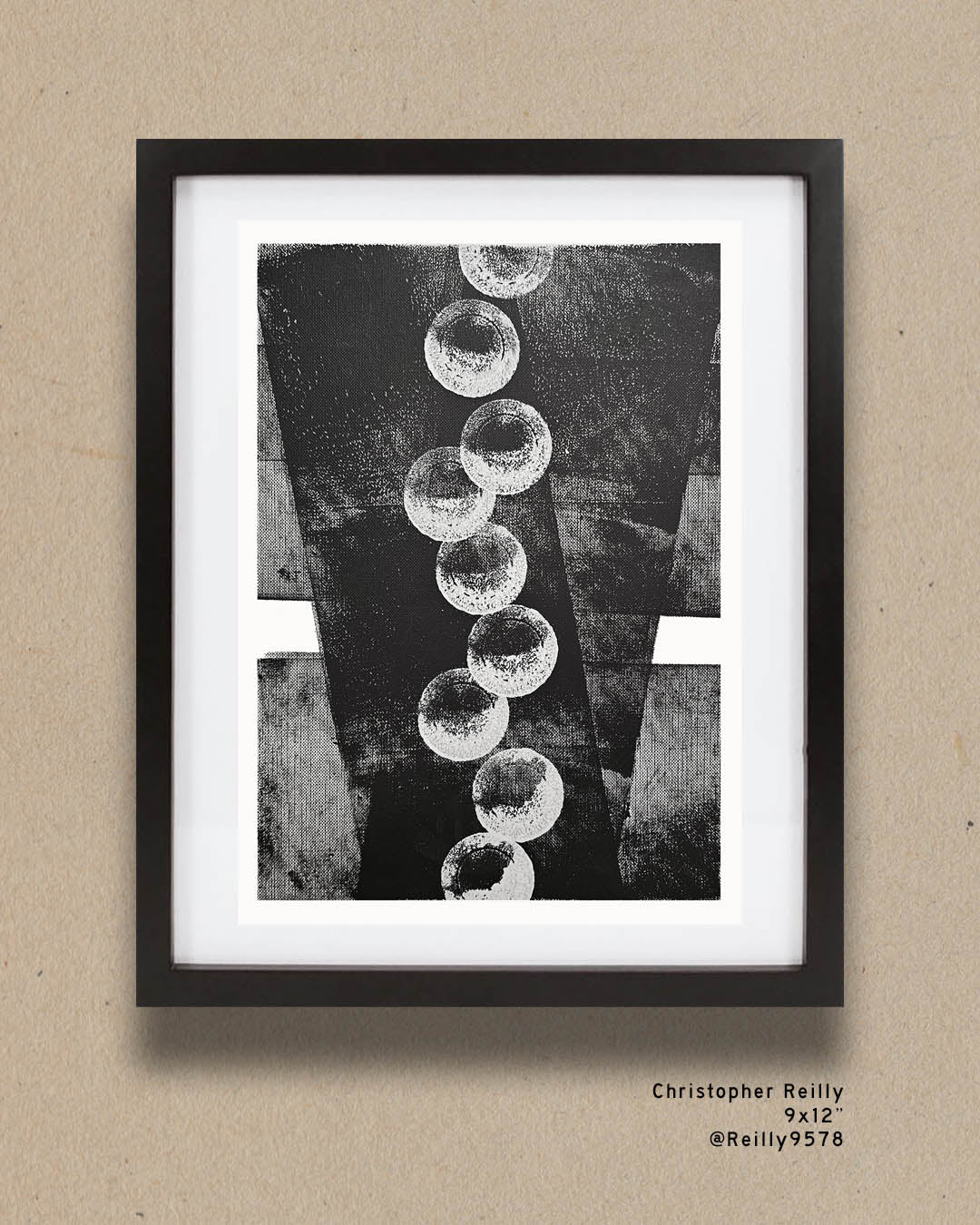 A monochromatic black and white abstract painting by Canadian artist Christopher Reilly